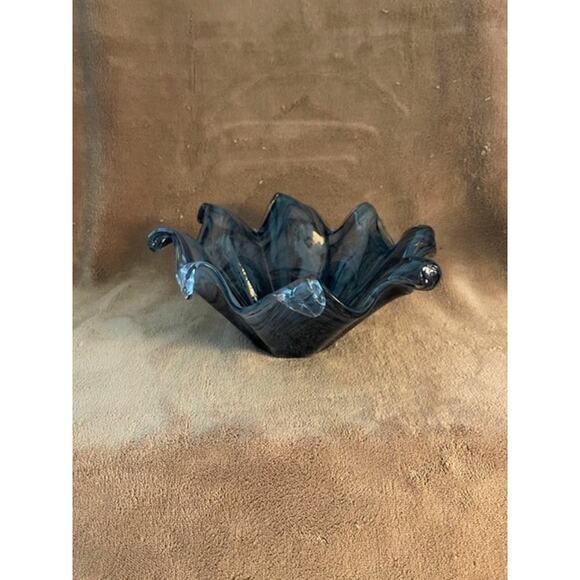 Vintage Murano Smokey Gray/Black/Copper Glitter Dust -Art Glass Wave Bowl - Picture 8 of 9